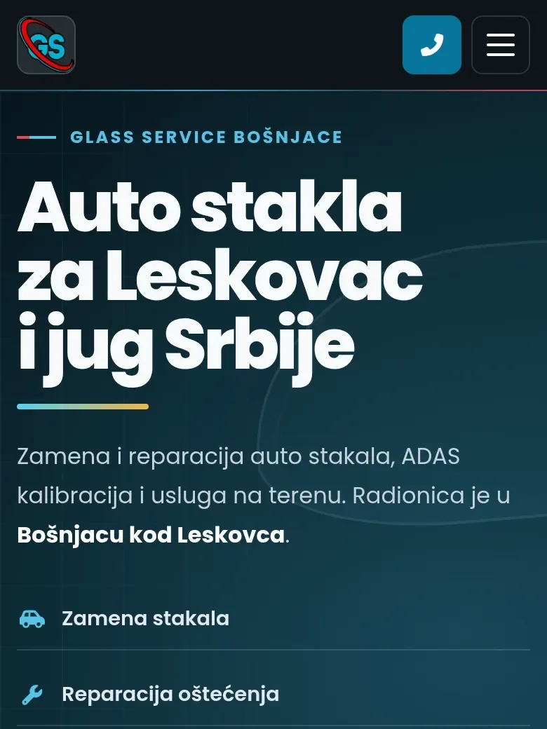 Početni ekran sajta Glass Service Bošnjace na telefonu