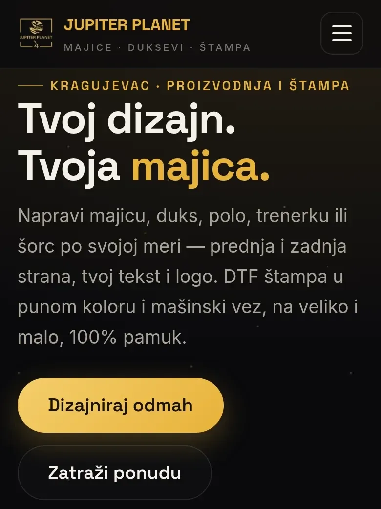 Početni ekran sajta Jupiter Planet na telefonu