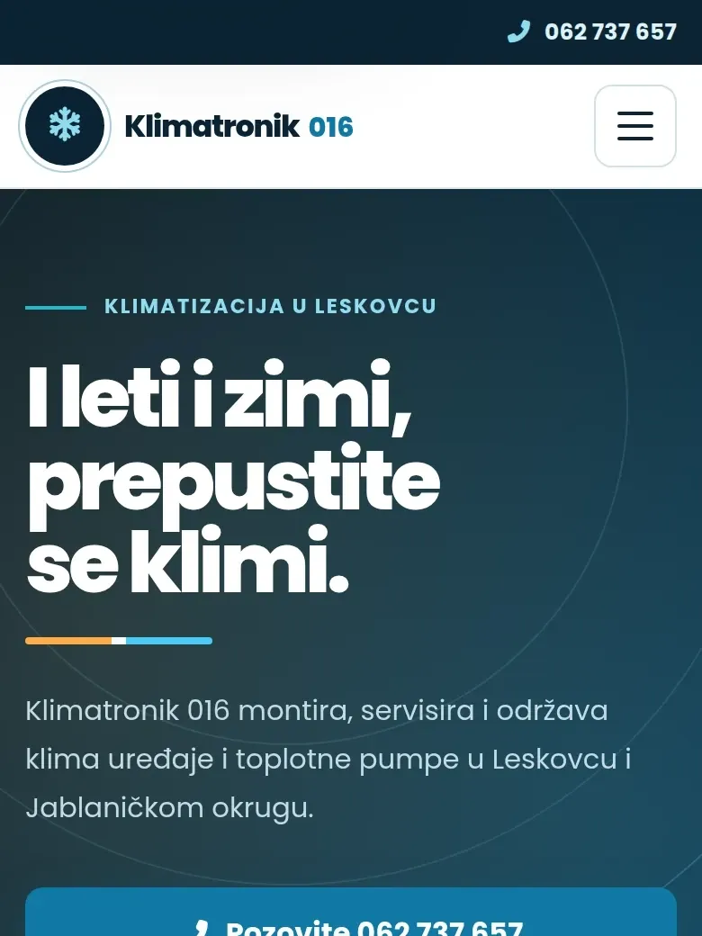 Početni ekran sajta Klimatronik 016 na telefonu