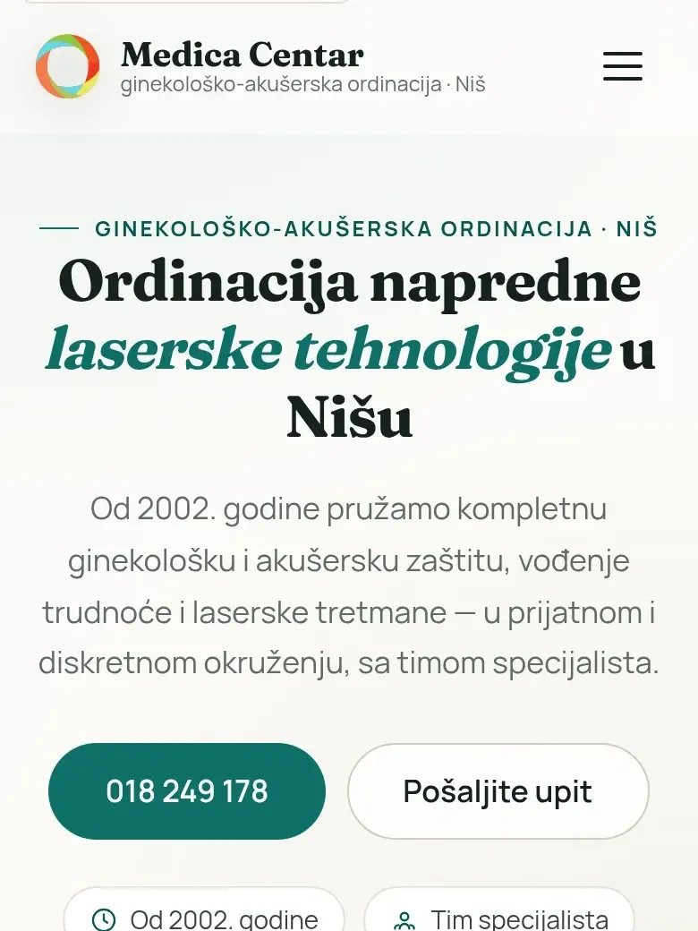 Početni ekran sajta Medica Centar na telefonu