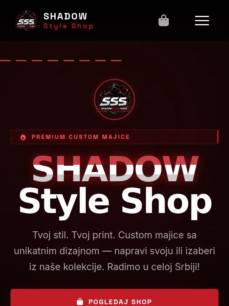 Početni ekran sajta Shadow Style Shop na telefonu