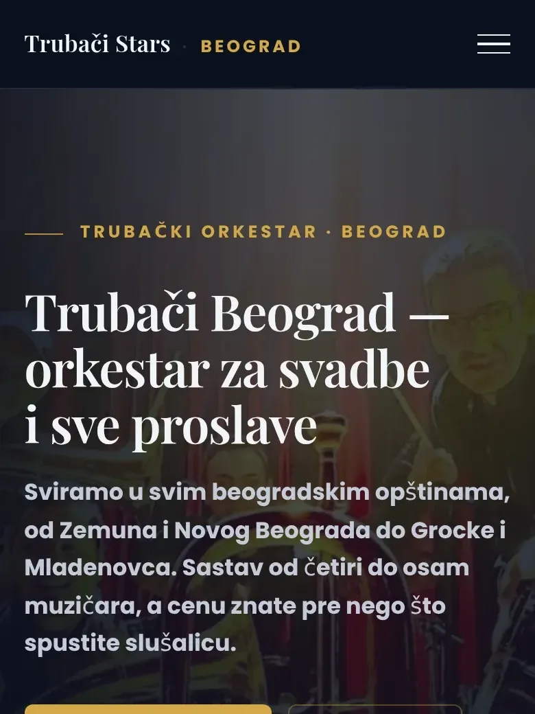 Početni ekran sajta Trubači Stars Svadbe na telefonu
